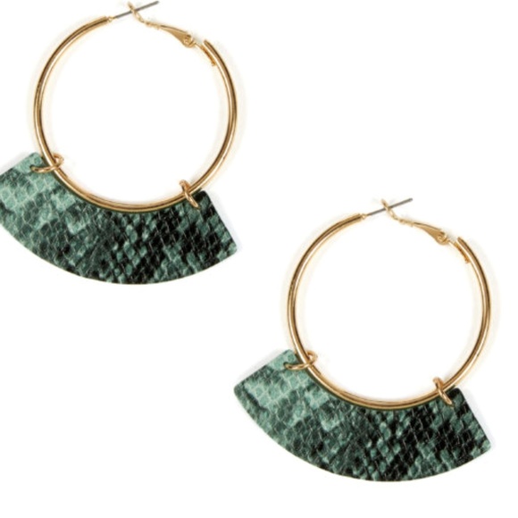 Gold Hoops with Green Snake Print Leather Fan - Picture 1 of 1